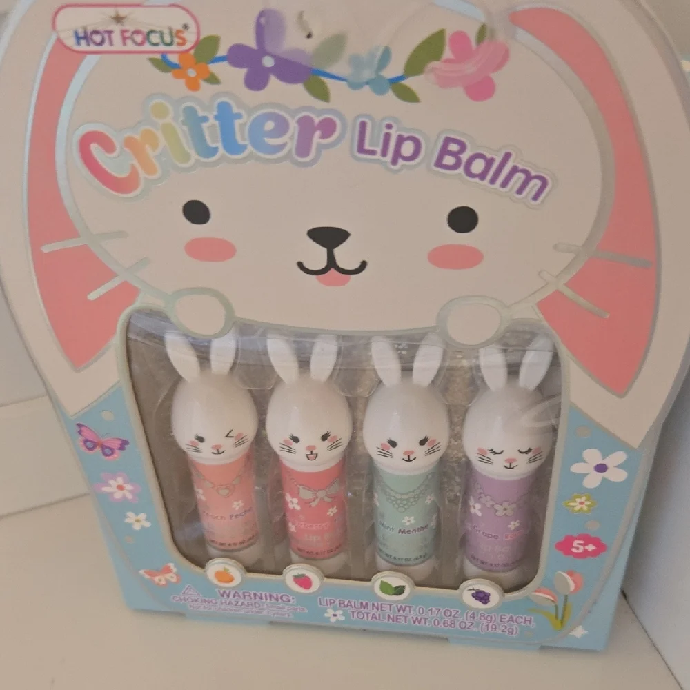 Bunny Lip Balm Set - Pink, Blue, Purple Set Of 4 New